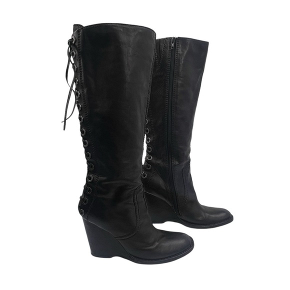 Apepazza Shoes - apepazza Black Leather Tall Lace Up Wedge Boots Size 39 Women’s
